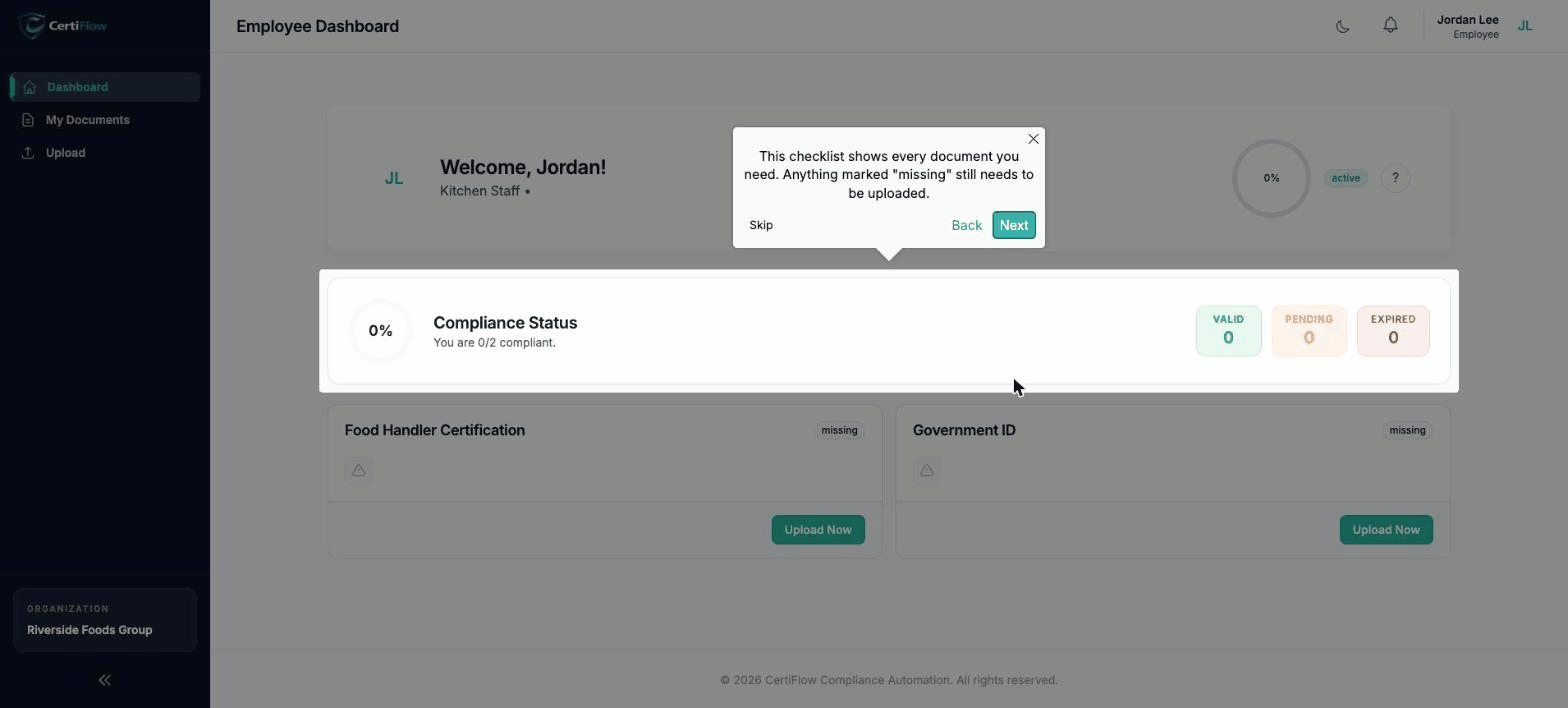 A new employee's onboarding tour walking through the dashboard and into the document upload page