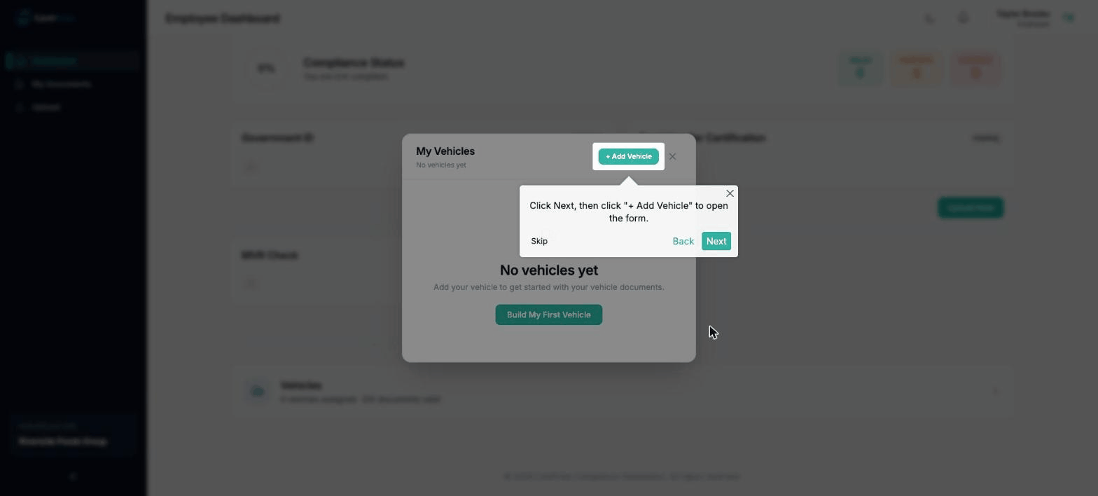A driver with no vehicle on file being guided through adding one, after which its document requirements appear